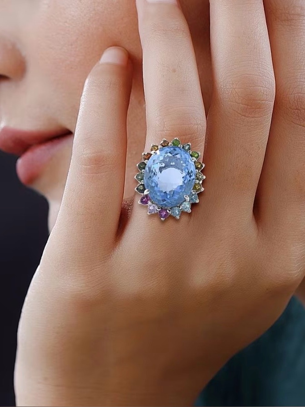 Swiss Blue Topaz & Multi-Tourmaline Sunburst Ring 26.75 ctw